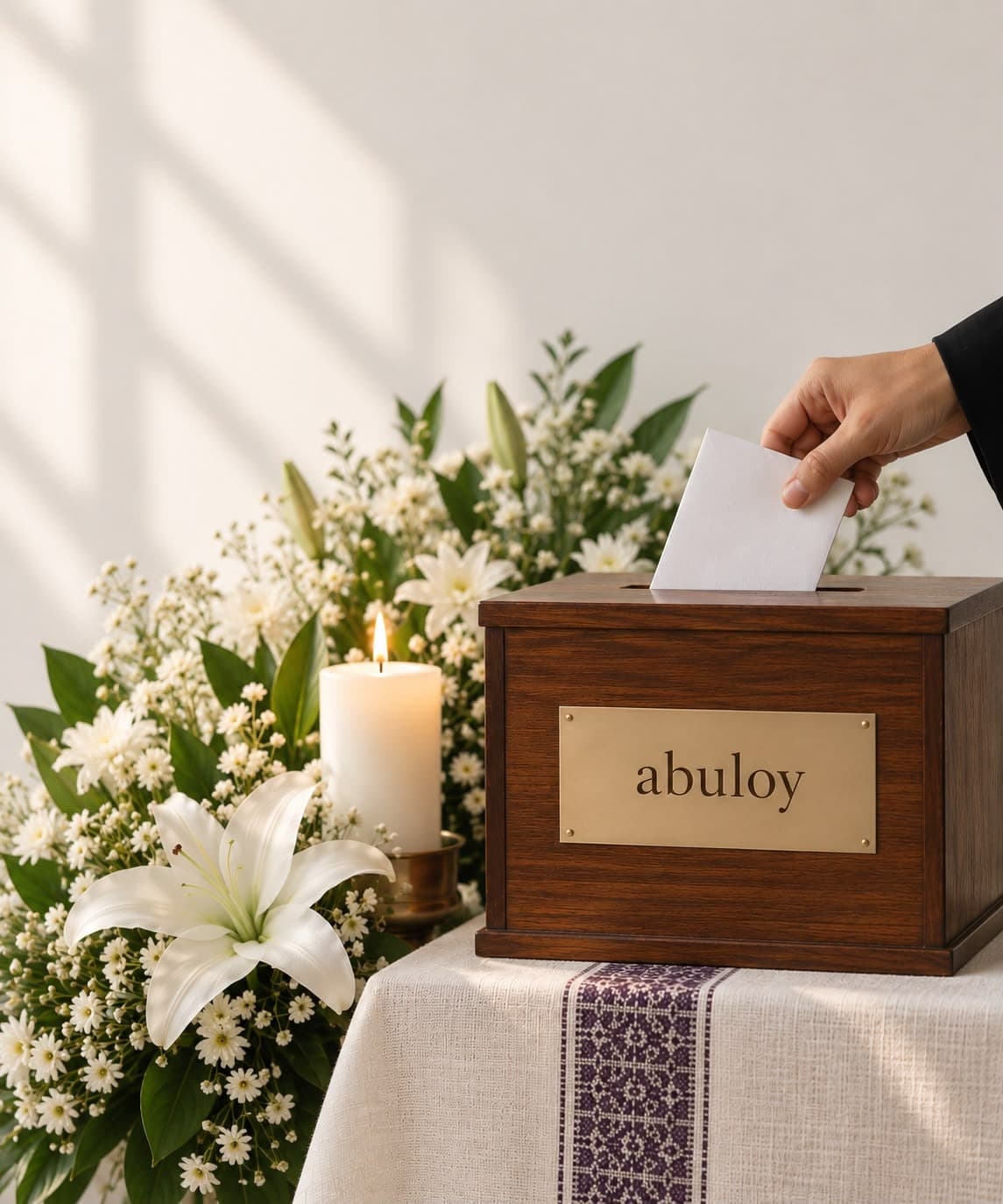 A hand placing an abuloy envelope into a wooden donation box beside white lilies and a lit candle